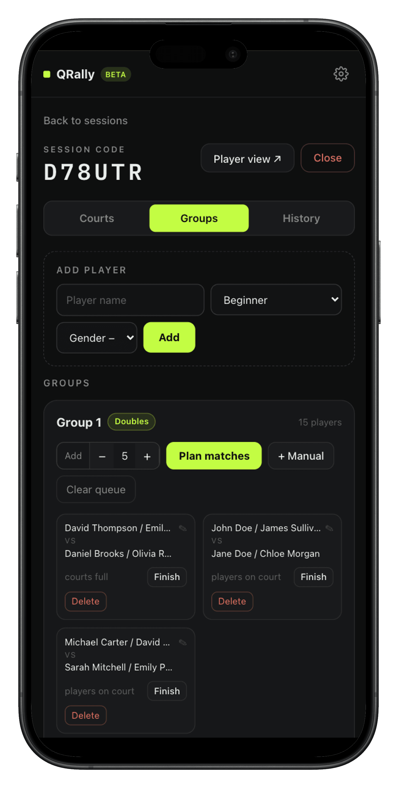 QRally courtside board showing player groups and planned matches