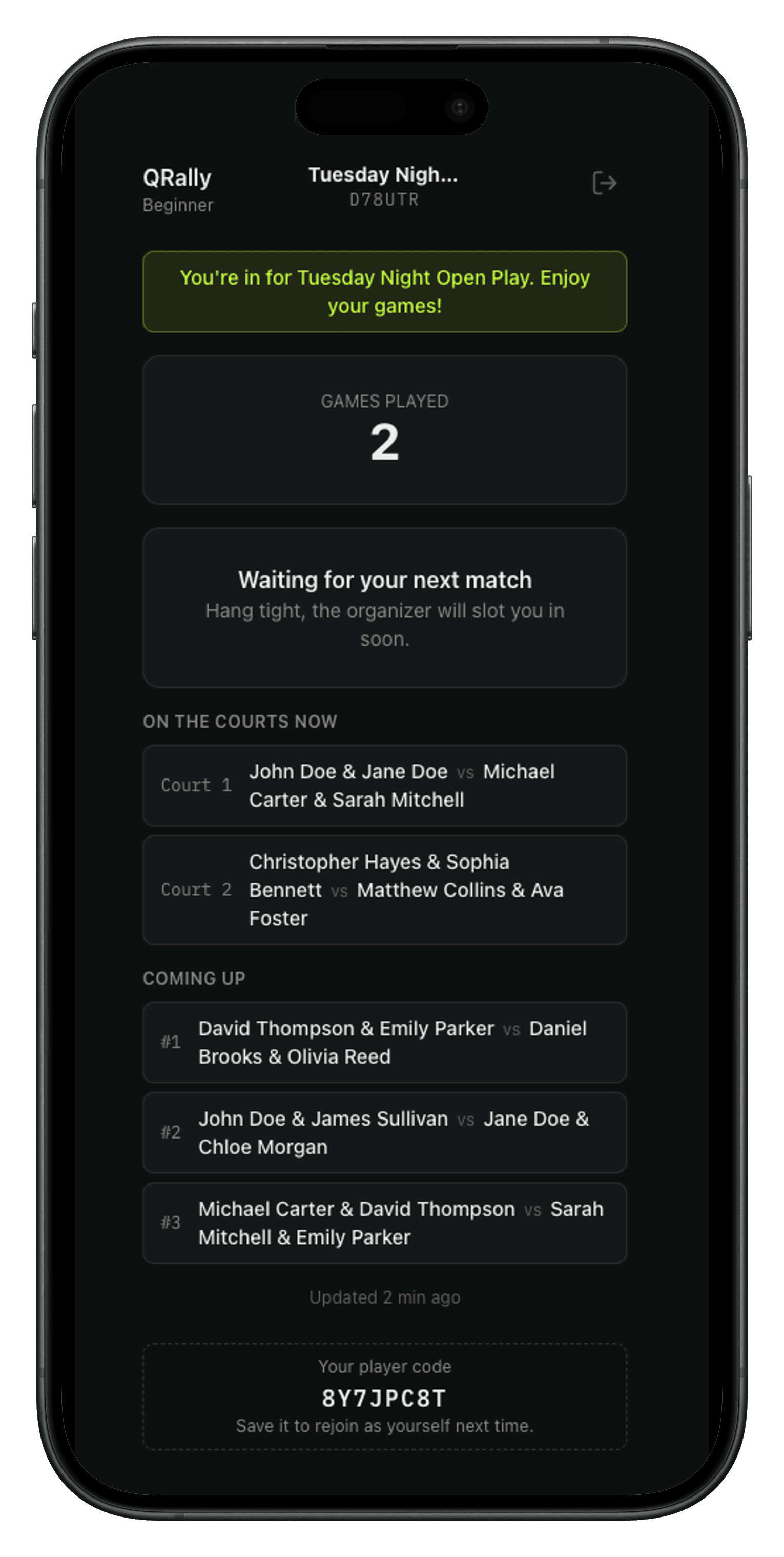 Player's phone showing their next match, live courts, and queue
